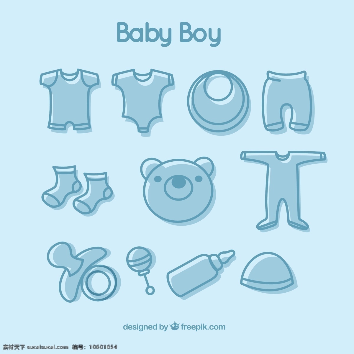 款 蓝色 男婴 用品 图标 矢量 ai格式 含 预览 图 爬服 袜子 围嘴 安抚奶嘴 奶瓶 衣服 婴儿 婴儿用品 矢量图 灰色