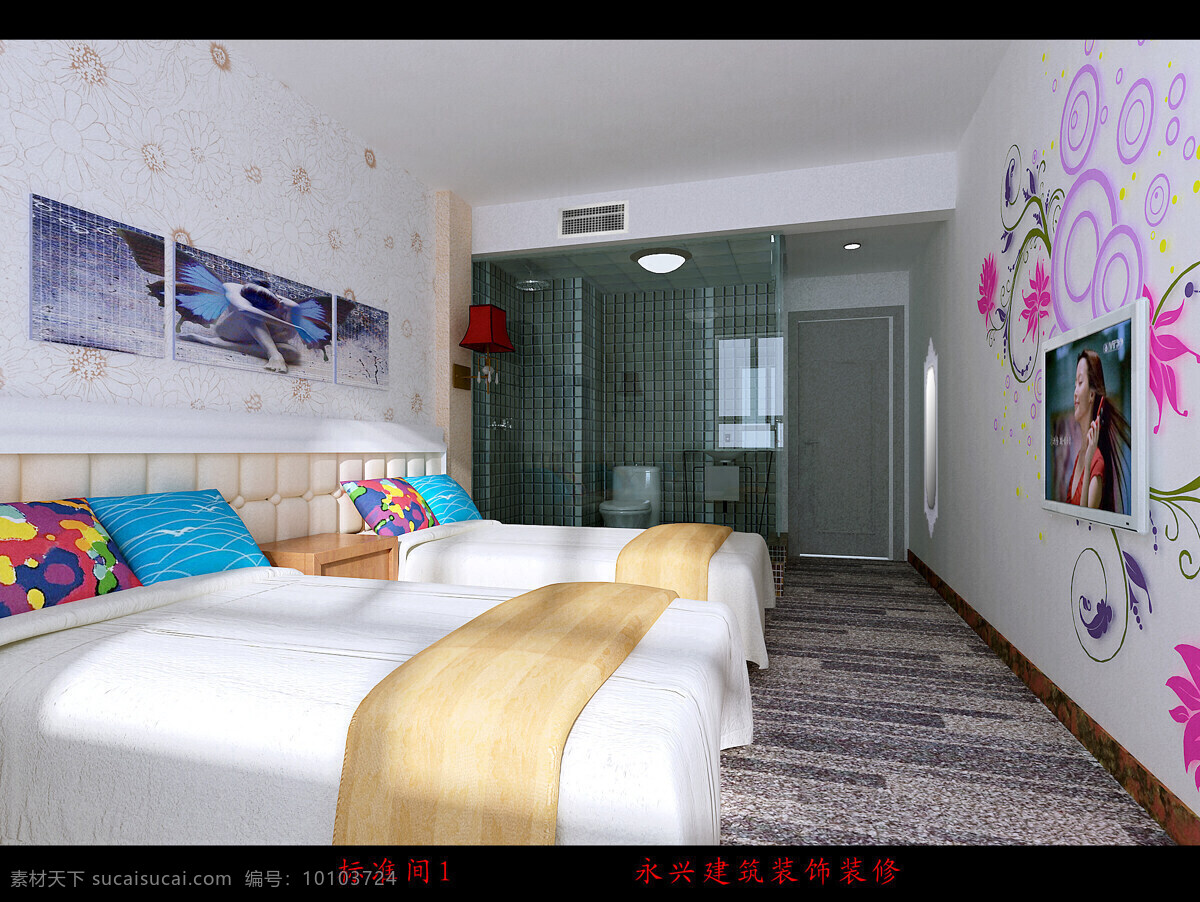 酒店 包间 环境设计 室内设计 酒店包间 标准间 床铺 家居装饰素材