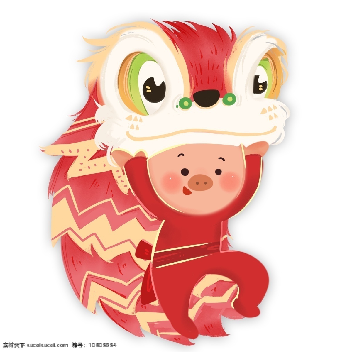 小 猪 舞 狮子 手绘 插画 卡通 中国风 春节 新春 舞狮 小猪 新年 猪年 2019年 小猪形象 猪年形象
