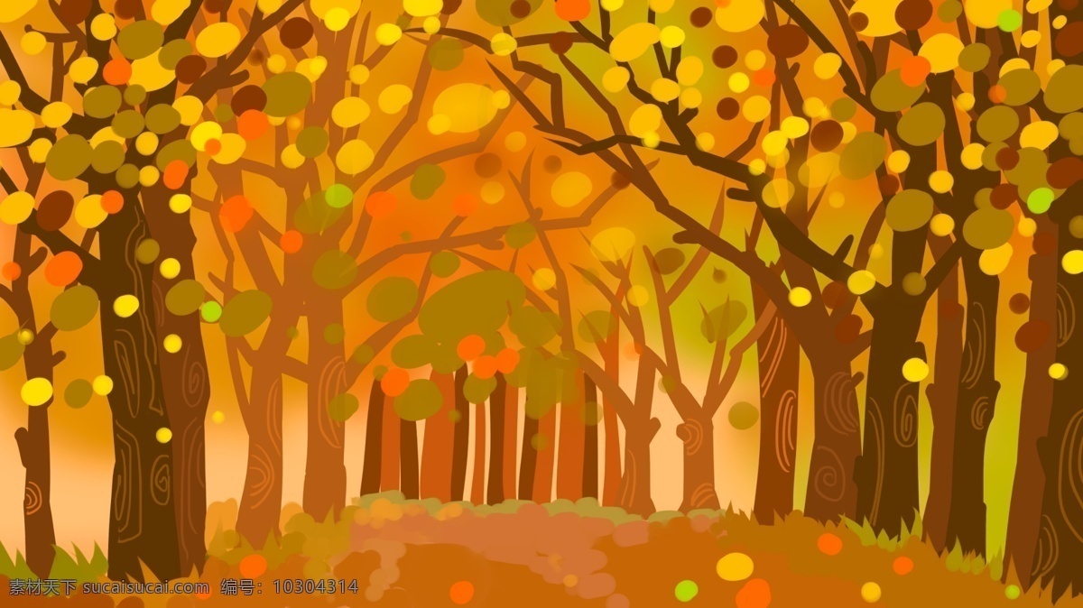 秋季 黄色 枯黄 树木 小路 背景 卡通