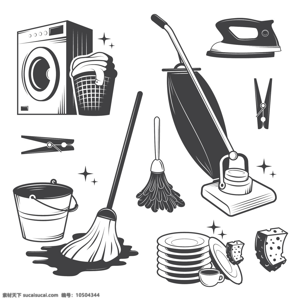 日常 生活 清洁用品 插画 静物 洗衣机 吸尘器 拖布 扫把 元素
