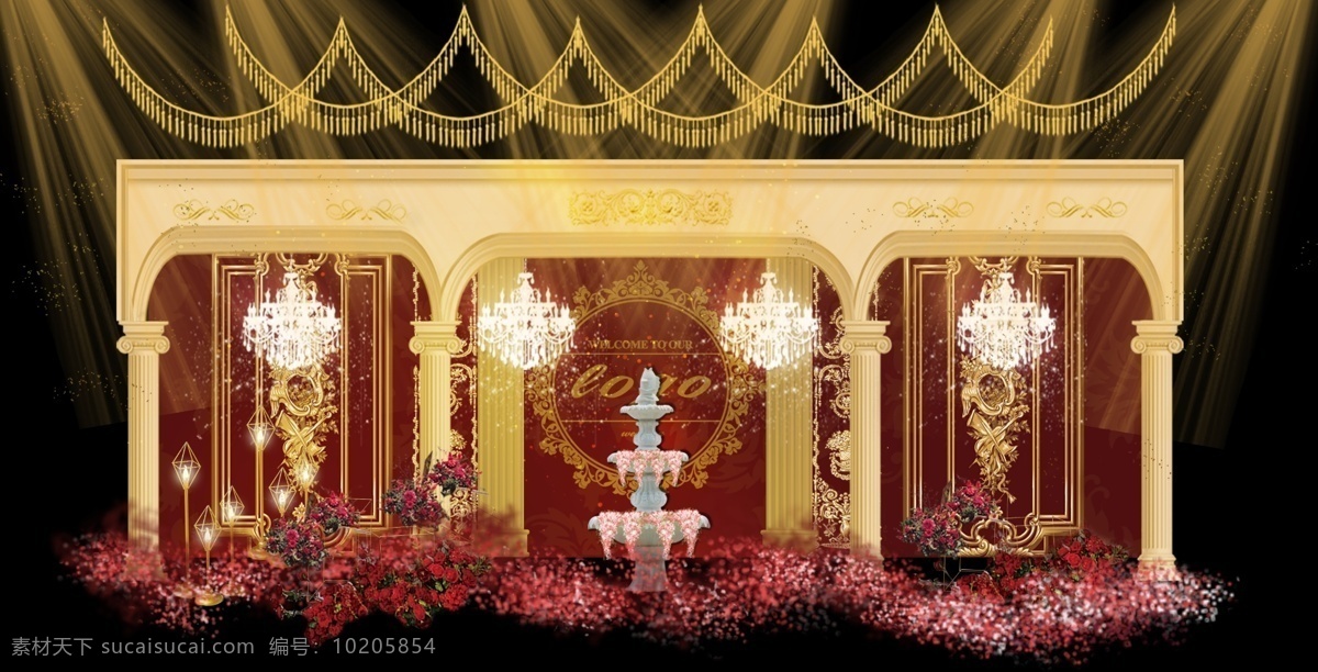 欧式 舞台 迎宾 区 效果图 红色 喷泉 花艺 水晶灯 婚礼效果图