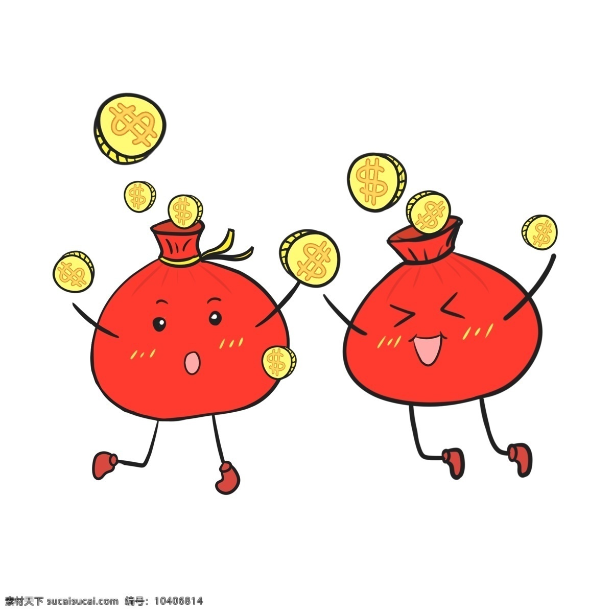 手绘 新年 钱袋 插画 红色的红包 鼓鼓的红包 金色的钱币 卡通插画 红色的钱袋 手绘红包插画