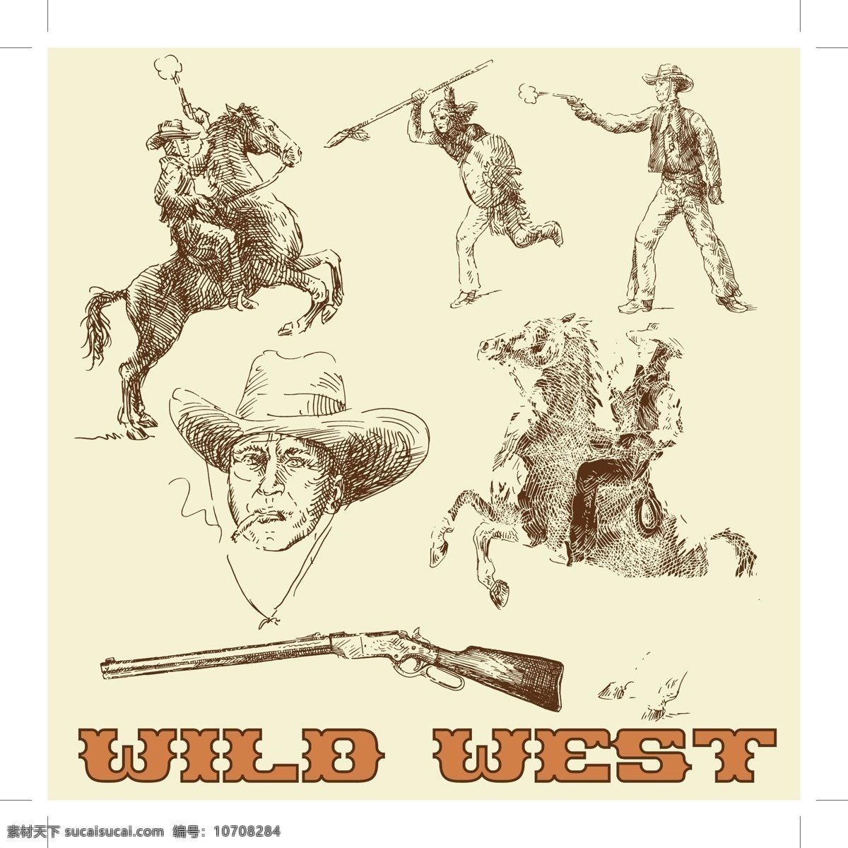 西部牛仔线稿 动物 复古 猎枪 帽子 模板 设计稿 矢量素材 手绘 手枪 西部牛仔 线稿 印第安人 马 素描 长矛 素材元素 源文件 矢量图