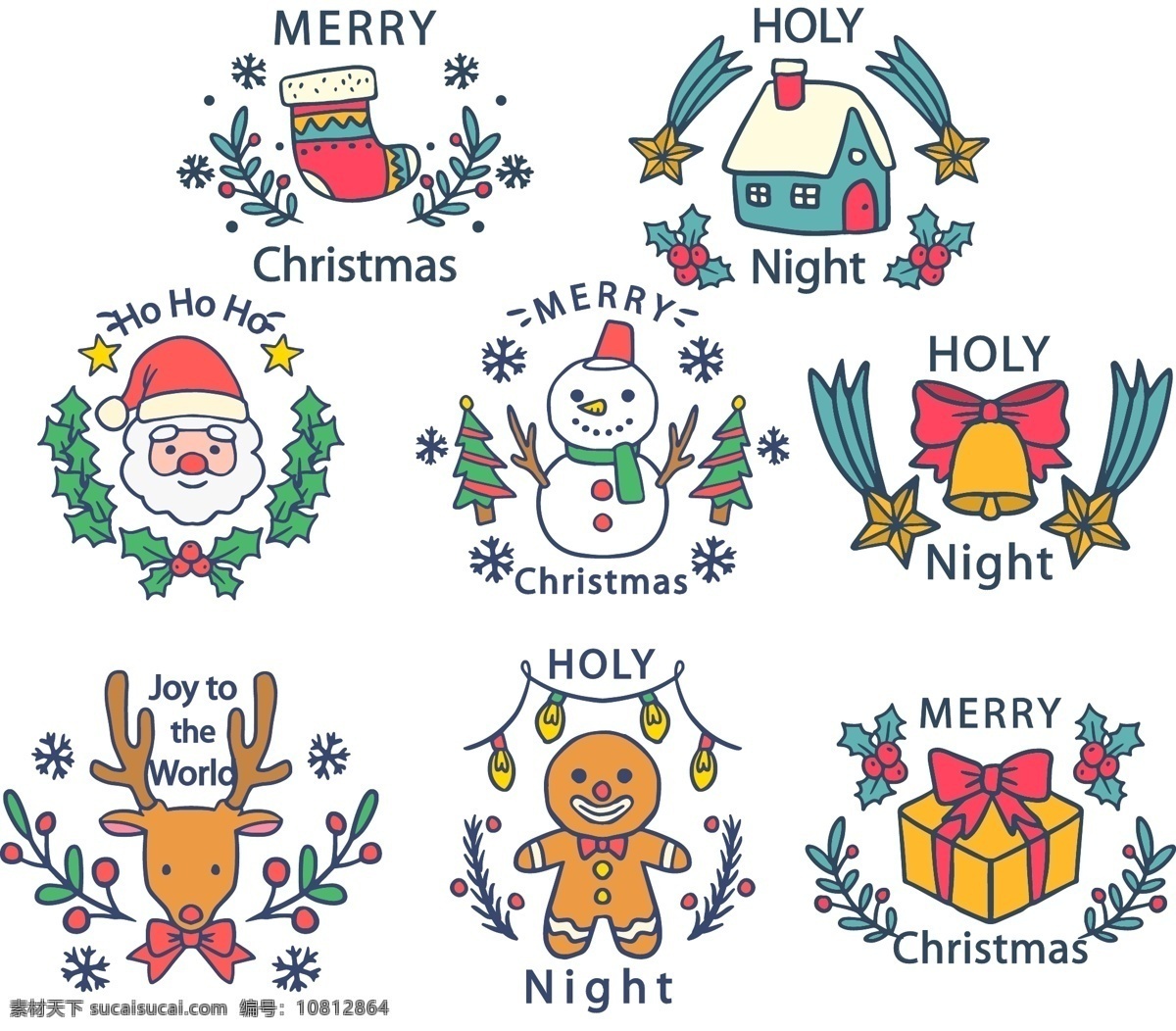 手绘 图案 圣诞节 标签 可爱 房子 矢量素材 圣诞袜 圣诞老人 雪人 驯鹿 姜饼人 铃铛 礼物 英文