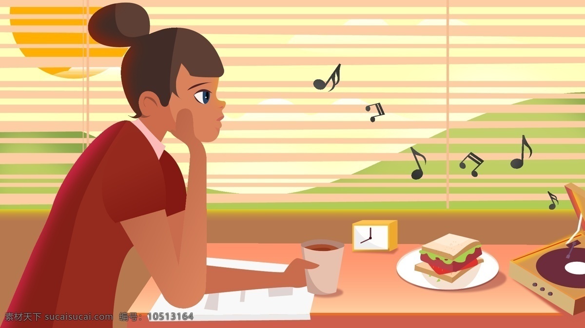 早安 系列 吃 早餐 听 音乐 女孩 生活 美食 餐厅 卡通 打卡 日出 思考 配图 坐着 托腮 欧美风