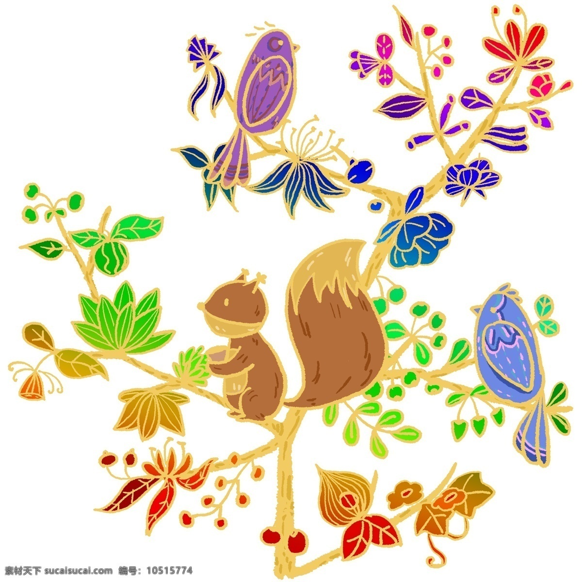 手绘 卡通 秘密花园 松鼠 小鸟 植物 花朵 花 动物 森林 野外 精致 七彩 绚彩 金边