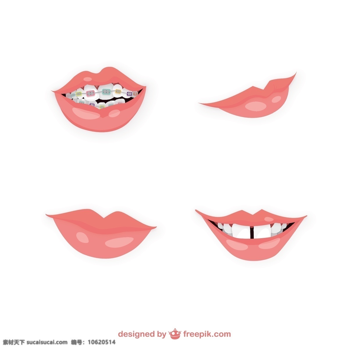 各种各样的嘴 嘴唇 口腔 牙医 牙齿 插图 女 唇 托架 品种 嘴 白色