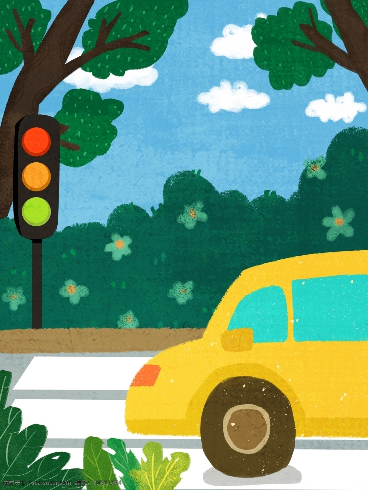 手绘 安全 出行 汽车 红绿灯 背景 树林 交通 教育 背景素材 文明出行背景 安全出行 文明交通 广告背景
