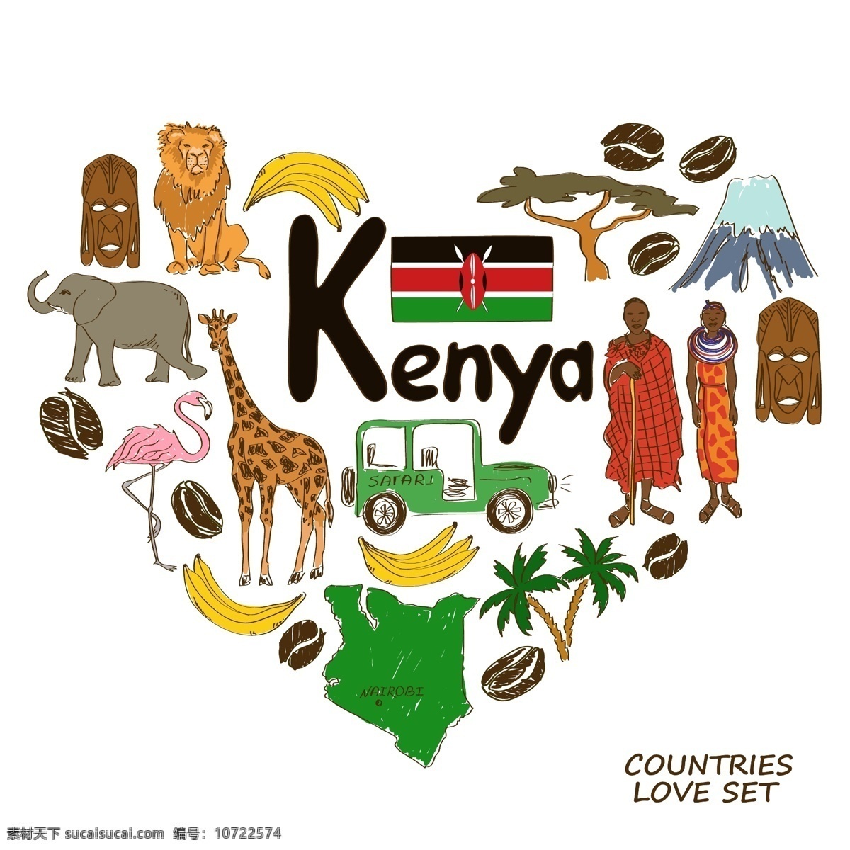 肯尼亚 国家 元素 国家元素 国家象征 矢量 手绘 肯尼亚娅 设计素材库 文化艺术 绘画书法