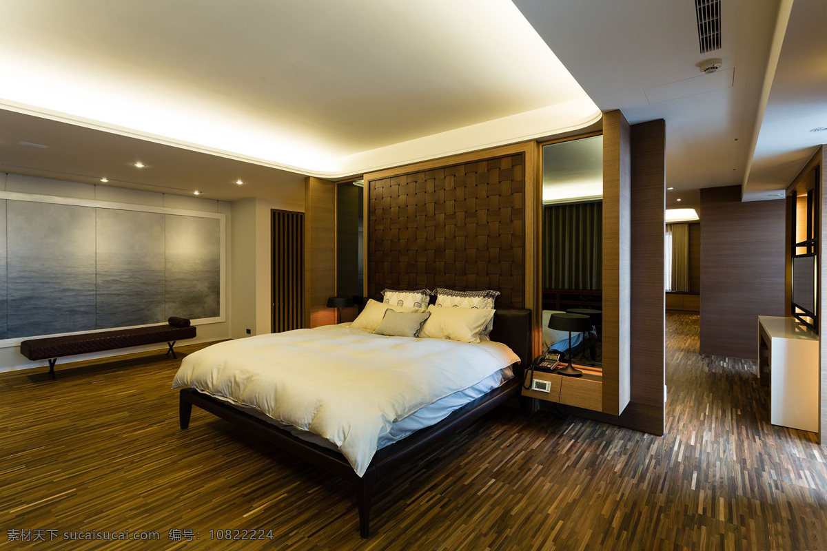 中式 经典 时尚 卧室 木地板 室内装修 效果图 卧室装修 白色床品 木制背景墙