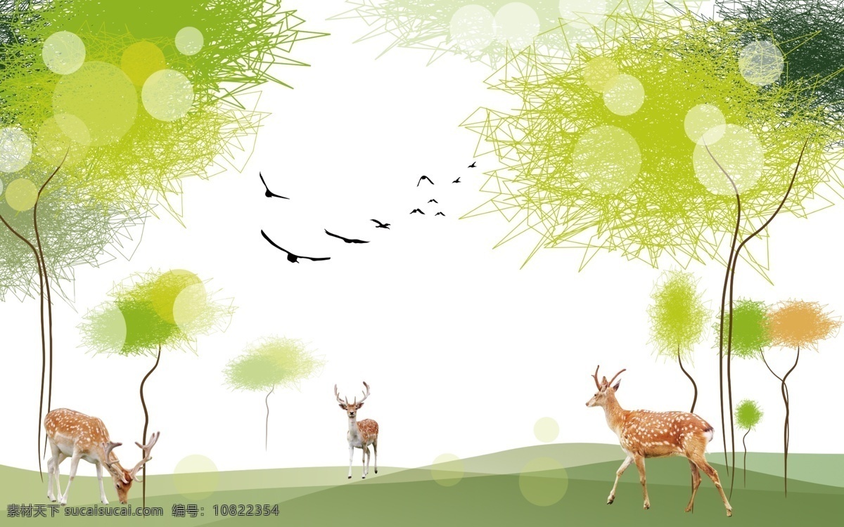 抽象 树 小鹿 背景 墙 抽象树 绿树 麋鹿 小鸟 草地 分层