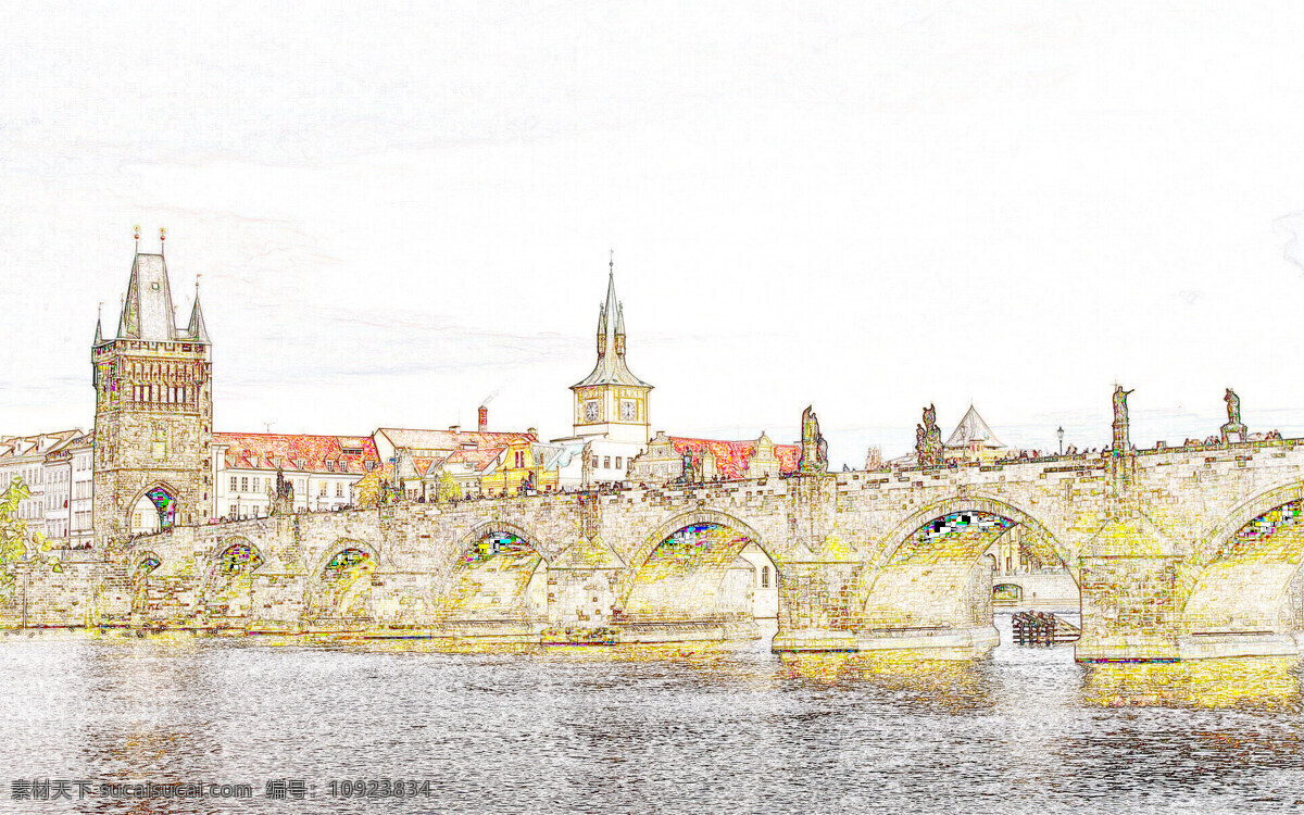城堡 高架桥 卡通 手绘 背景图片