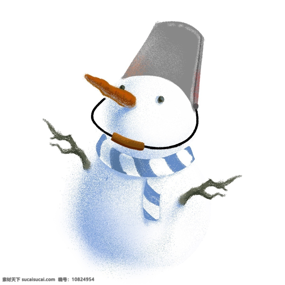 清新 唯美 头 戴 铁桶 雪人 冬季 插画 卡通 蓝色条纹围巾 树杈 胡萝卜 手绘