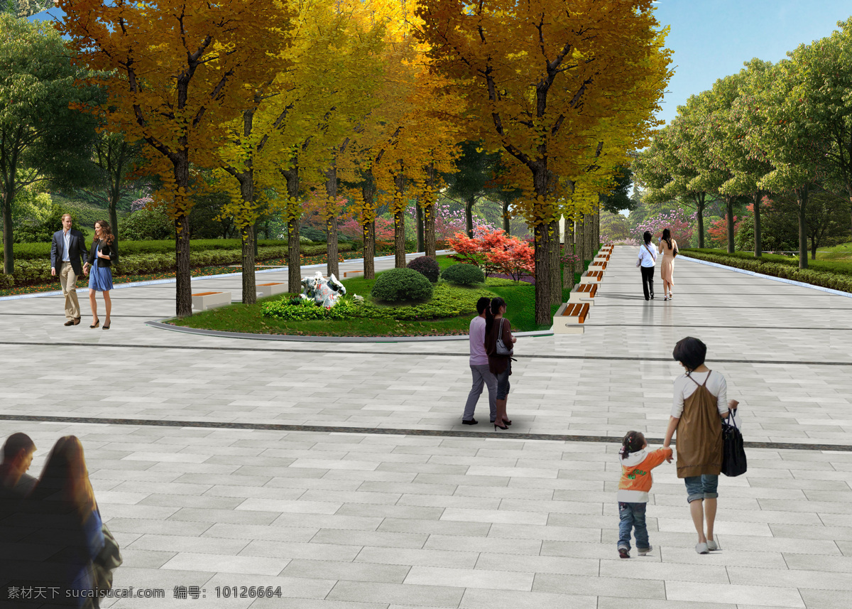 小区绿化 效果图 行人 道路 树木 房地产 3d设计 3d作品