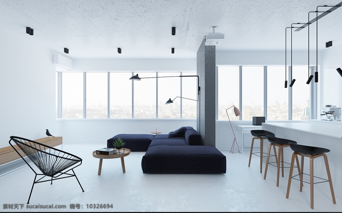 现代 极 简 客厅 亮 白色 地板 室内装修 效果图 白色地板 黑色壁灯 客厅装修 深色沙发 深色椅子