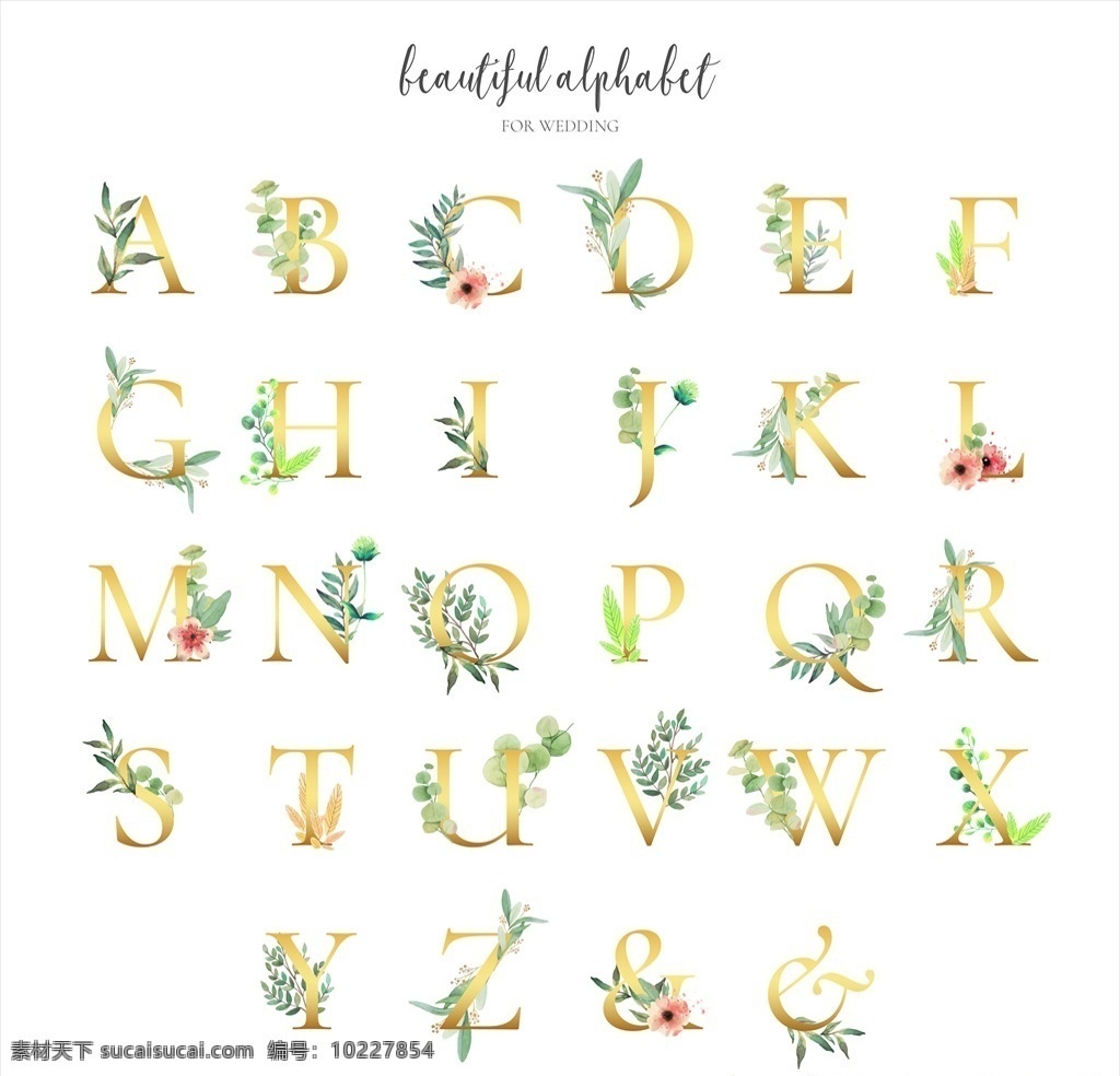 清新 自然 植物 英文 字体 装饰 24个英文 英文字母 字母 字体设计 英语