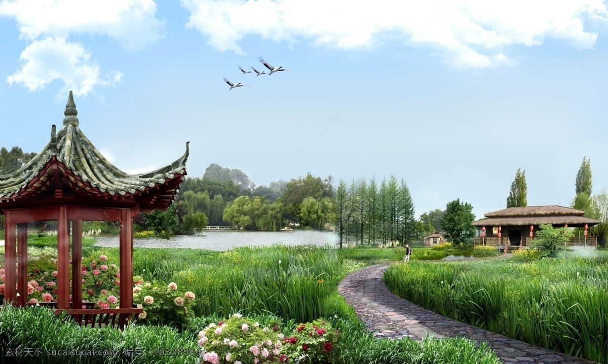 自然景色 农家小院 凉亭 牡丹花 草地 小路 树林 蓝天 白云 仙鹤 湖泊 茅草屋 大自然 农村 园林 分层 源文件
