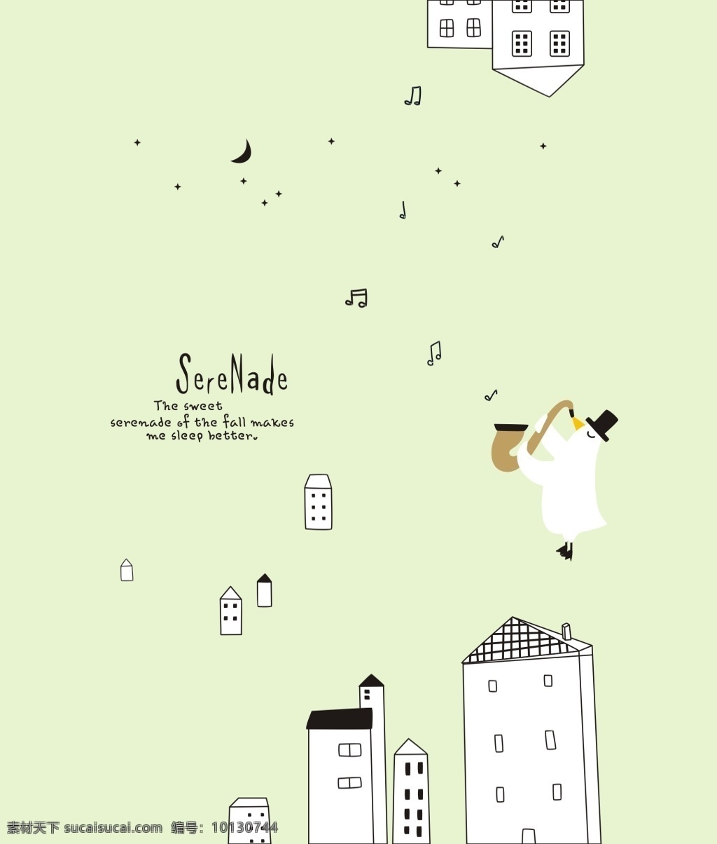 卡通小鸟插画 粉绿色 鸟 白色 帽子 萨克斯 乐器 音符 建筑 房子 英文 月亮 星星 手绘