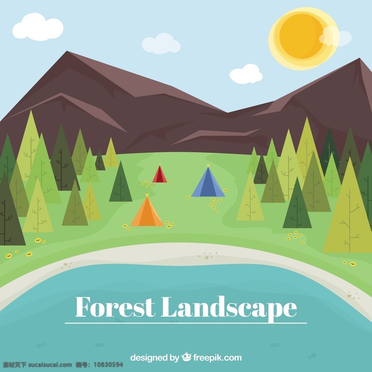 平坦 森林 景观 背景 树 太阳 自然 山 绿 叶 春 树叶 树木 露营 环境 帐篷 湖 松 青色 天蓝色