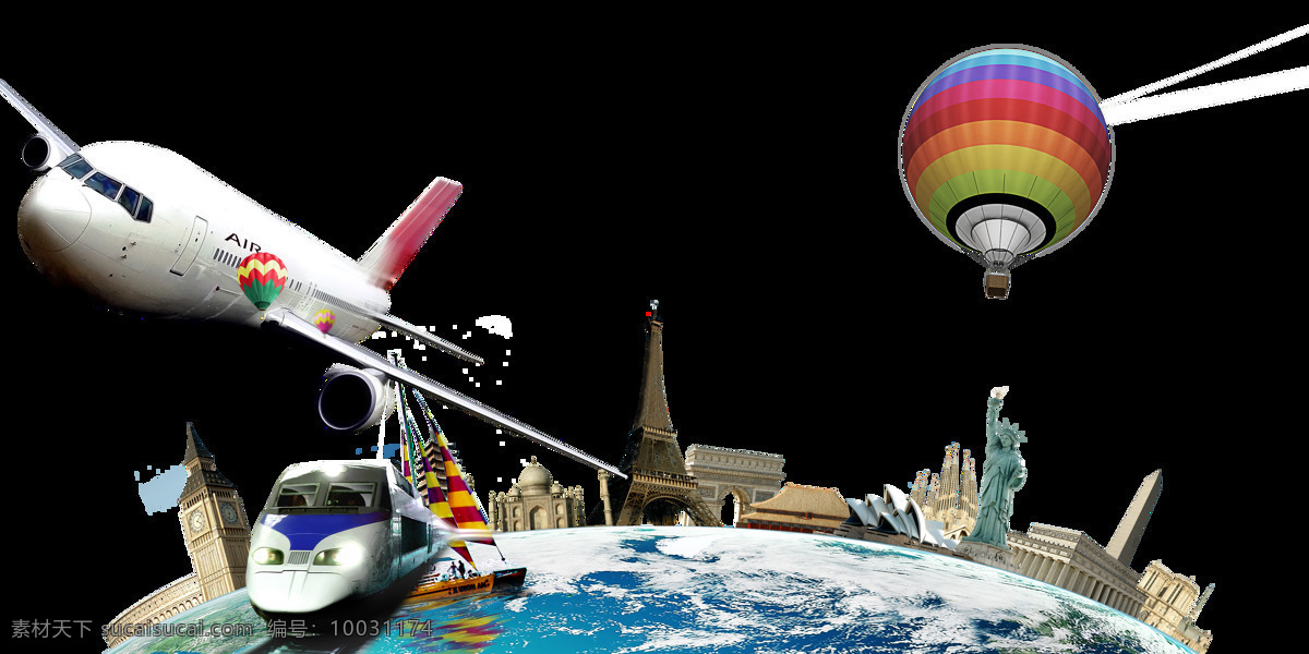 手绘 热气球 地球 元素 飞机 航海 世界