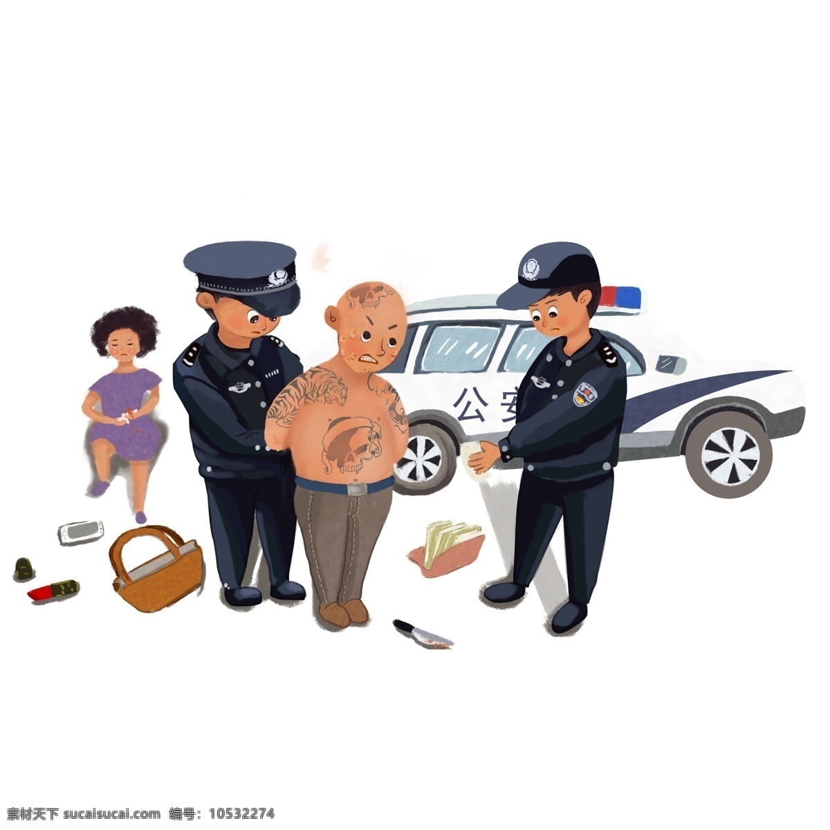警察 抓 小偷 漫画 创意 人物 插画 抢劫犯 警车