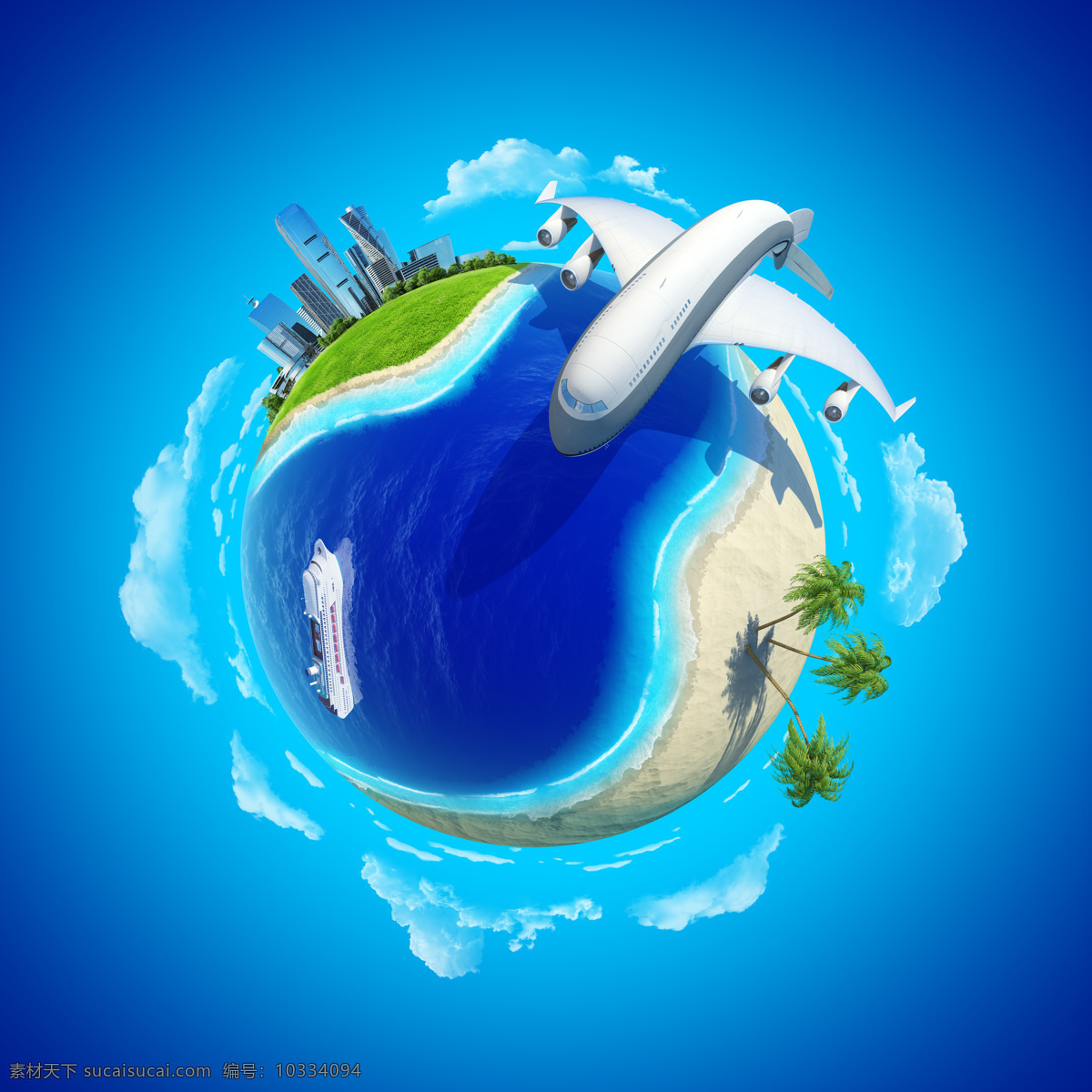 绿色环保地球 绿色 旅游 飞机 大海 海洋 蓝天 白天 环保 地球 建筑物 云彩 云层