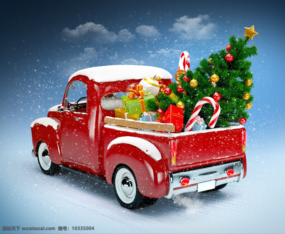 白雪 覆盖 红色 汽车 白雪覆盖 红色汽车 圣诞树 拐棍糖 礼物盒 白云 云朵 圣诞节 节日 节日庆典 生活百科