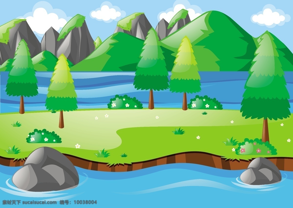 卡通 自然 元素 背景 卡通素材 卡通元素 树木 森林 河流 风景 绿色风景