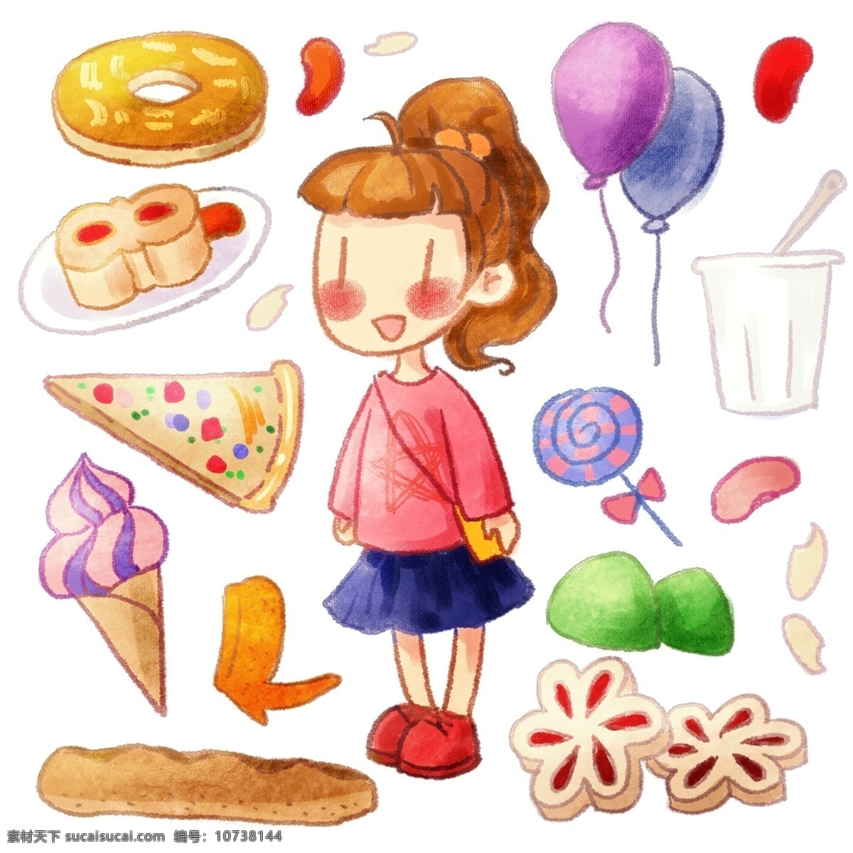 手绘 可爱 女孩 美食 气球 甜甜 圈 披萨 冰淇淋 甜甜圈 枣花糕 早餐 健康 减肥 卡路里 鸡翅