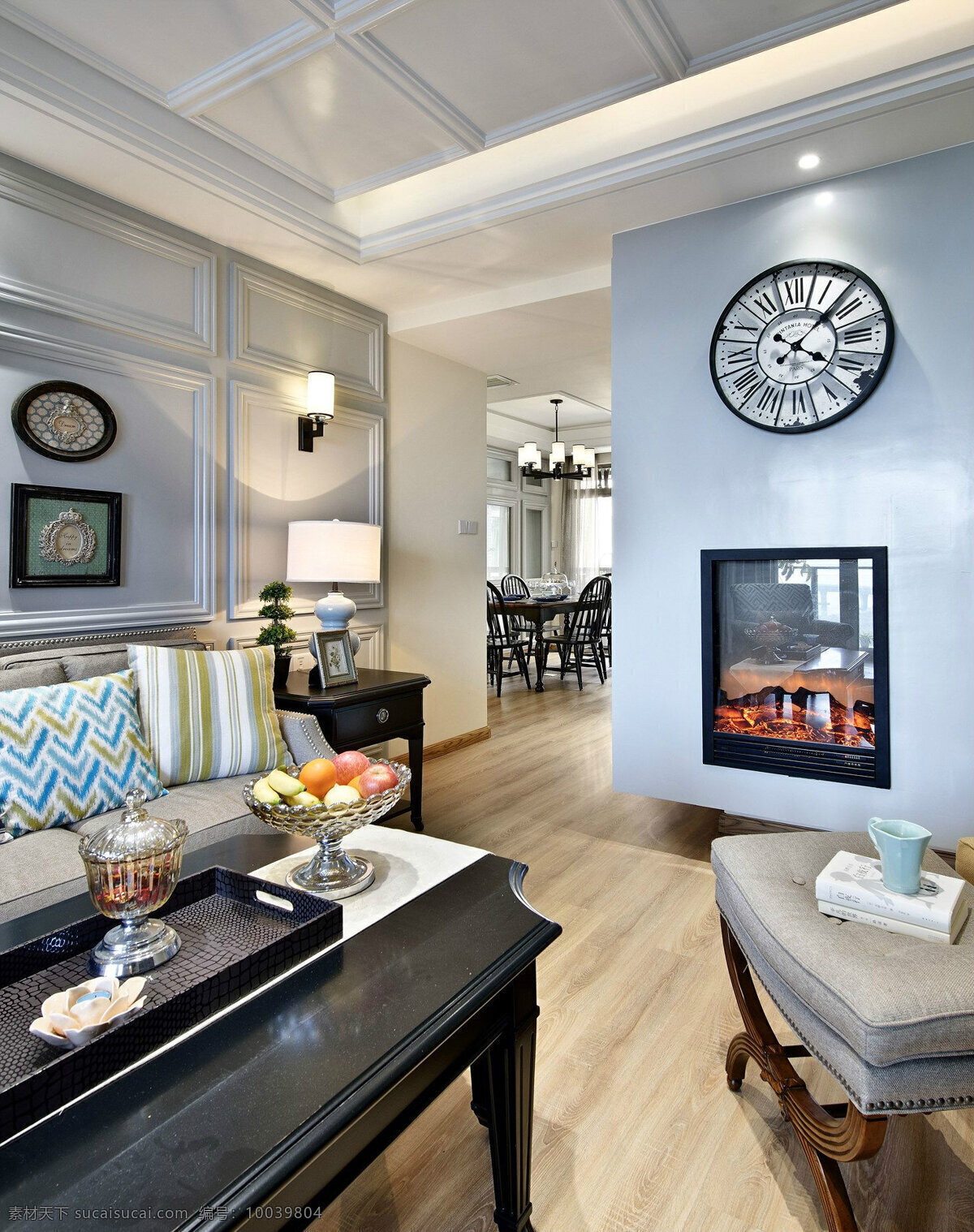现代 时尚 客厅 浅蓝色 背景 墙 室内装修 效果图 客厅装修 黑色书桌 木地板 浅色椅子