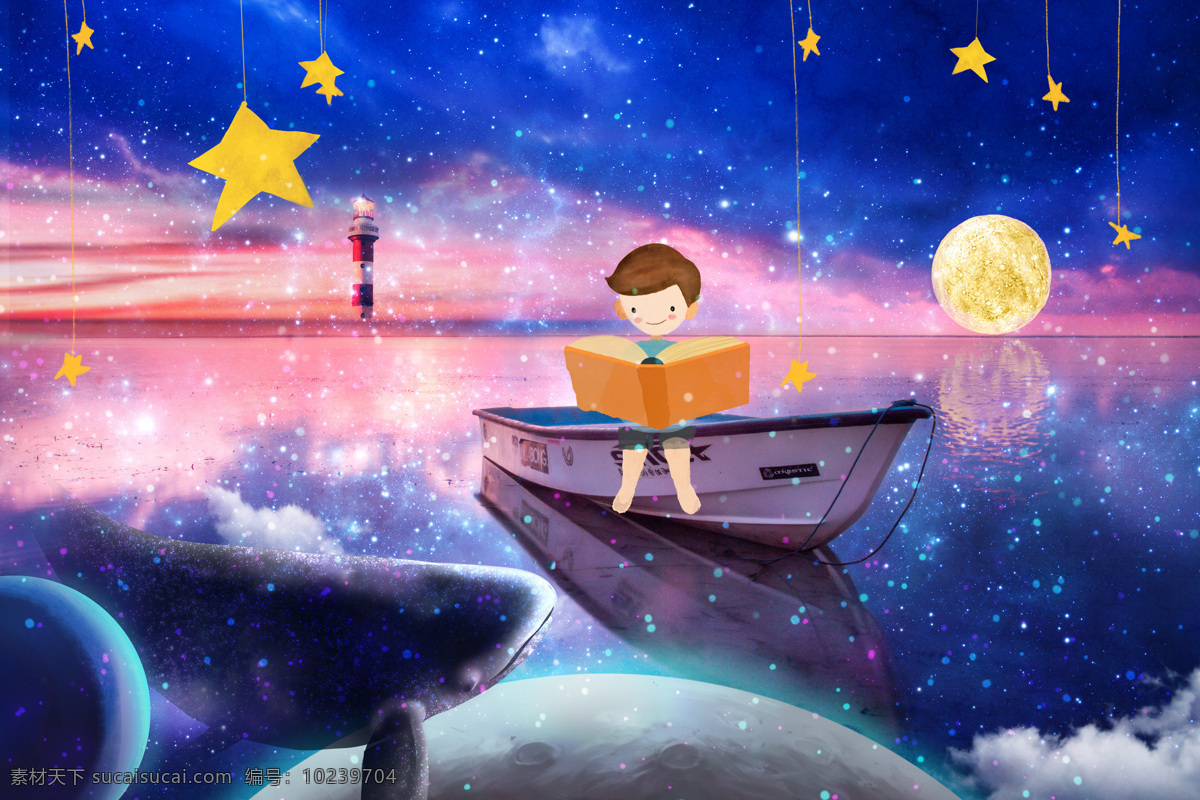 可爱卡通 梦幻月亮 海上 男孩 星星 卡通人物 自然景观 自然风光