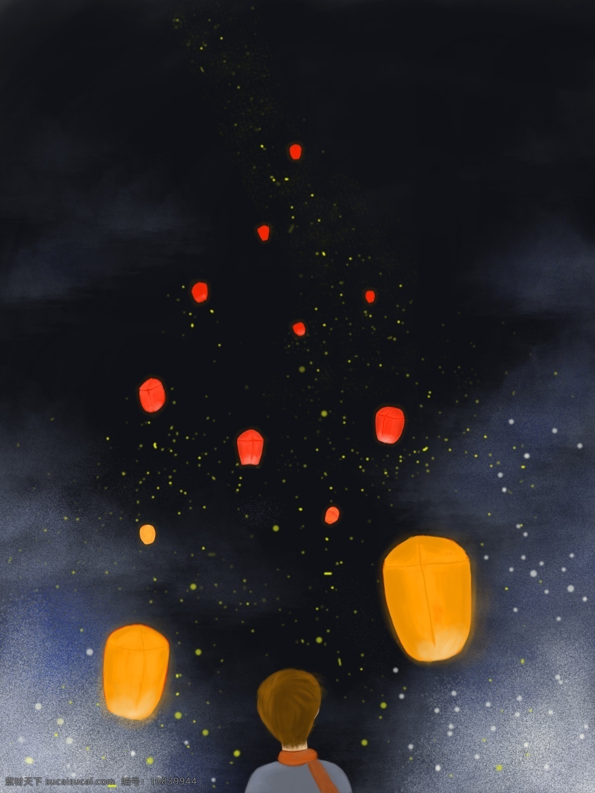 唯美 插画 男孩 模板 灯笼 黑色 星空 星星 风景插画 小男孩 伤感
