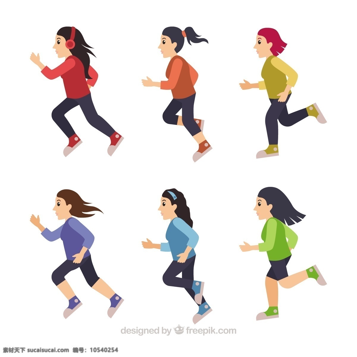 彩色 六 跑步 女人 插图 六个 跑步的女人