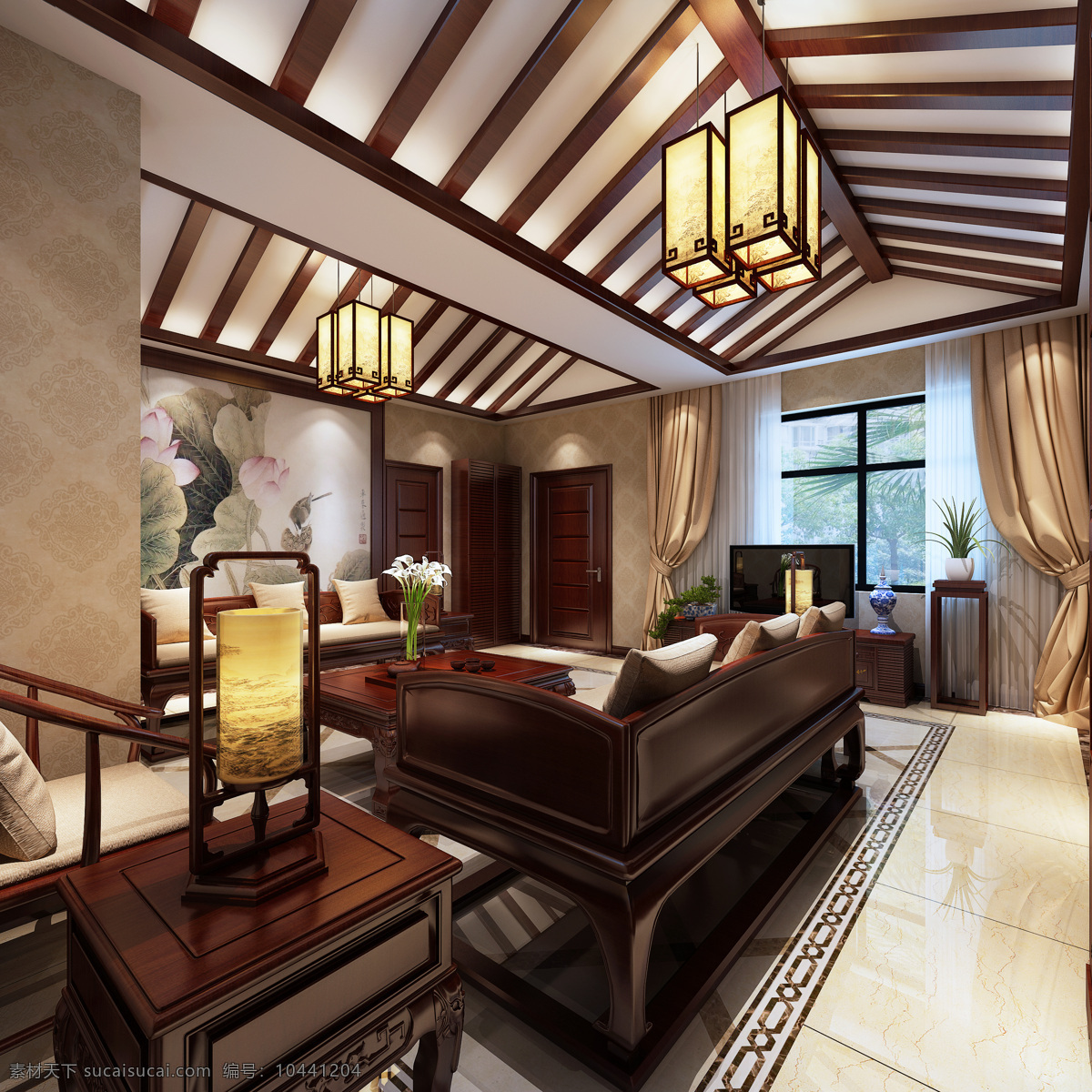 中式 清雅 客厅 瓷砖 地板 室内装修 效果图 客厅装修 瓷砖地板 深色地毯 块状吊灯
