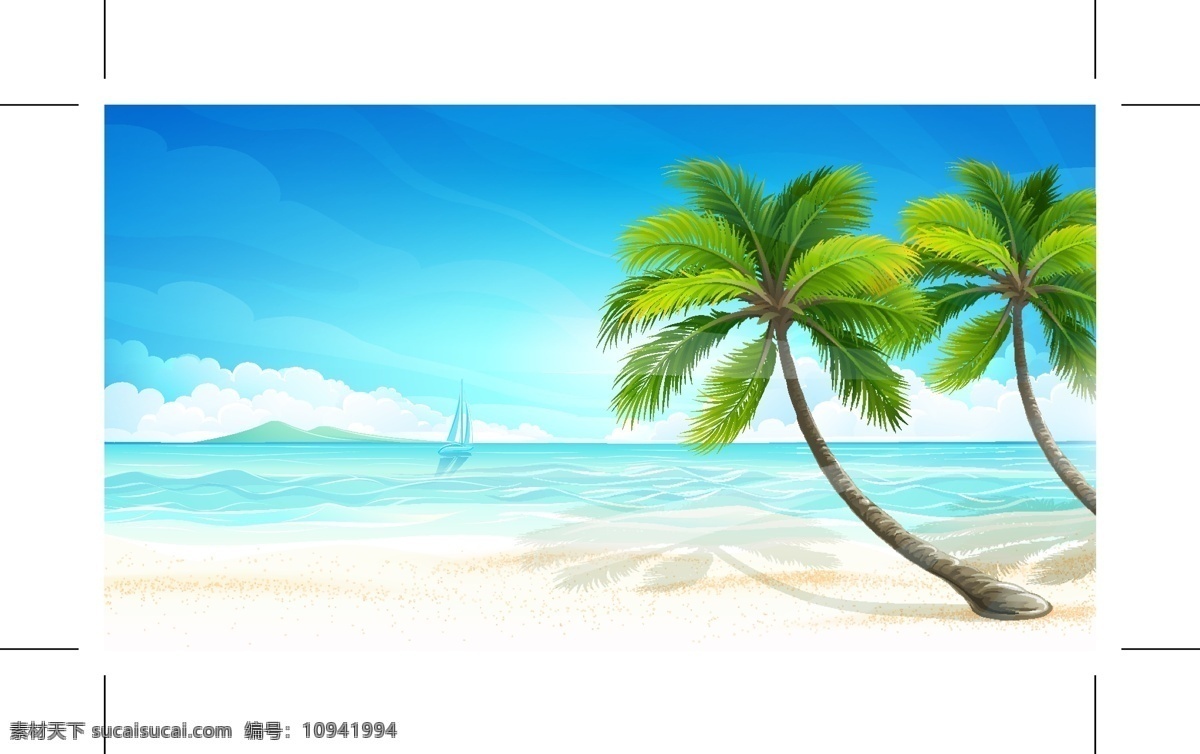 夏日 沙滩 背景 矢量 渡假 帆船 海洋 矢量图 夏季 阳光 椰树 云朵 其他矢量图