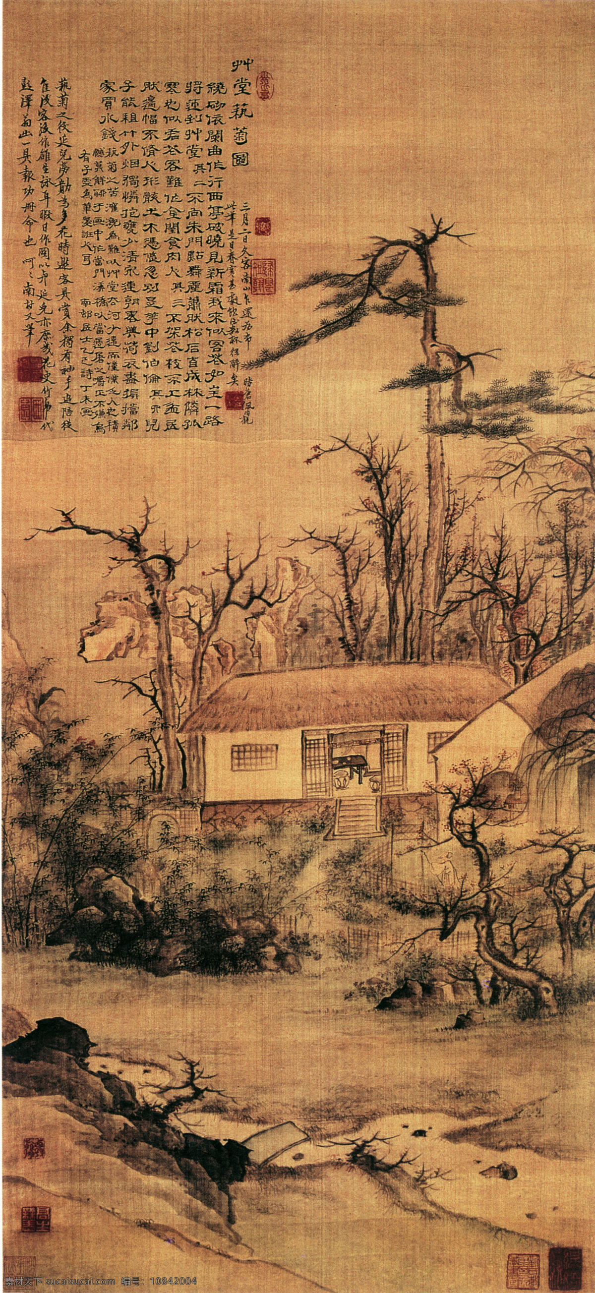 名家 高 凤 翰 真迹 山水 名画 书画 草堂 艺 菊 图 古画 山水画 书画真迹 水墨 中国水墨画 草堂艺菊图 名家高凤翰 立轴 纸本 淡设色 以疏毫写草堂 细 笔 写 修 篁 淡 老梅 乔 松 文化艺术