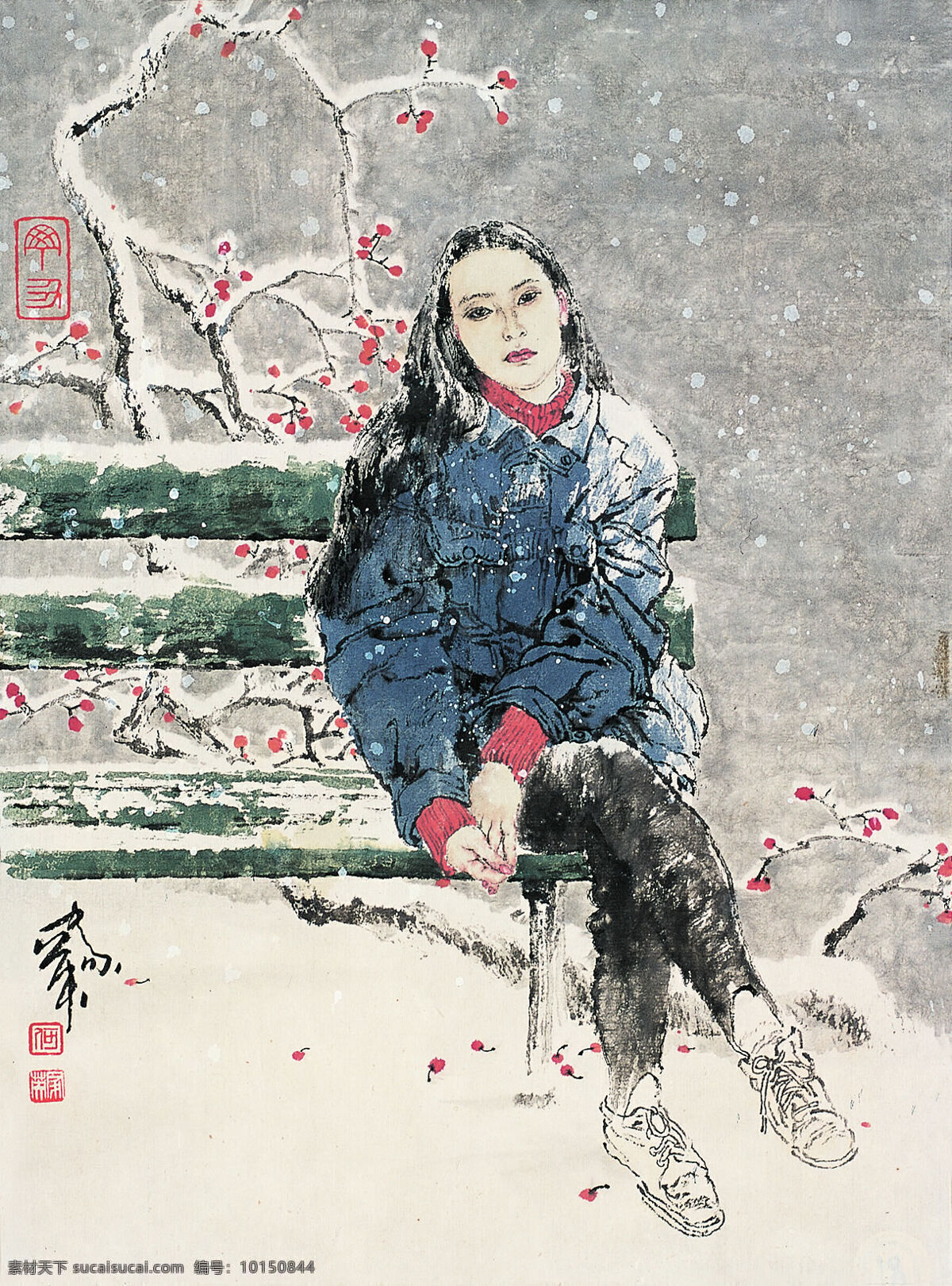 佳人 有约 刺绣 风雪 工笔人物画 红梅 女郎 中国画 镜心 何家英作品 工艺美术 平面广告 装饰设计 装饰素材 室内装饰用图