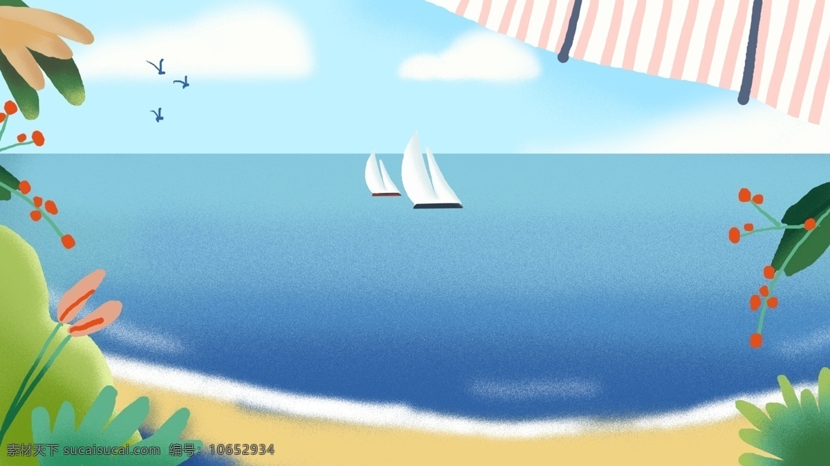 海洋 帆船 花叶 蓝天 背景 图 卡通