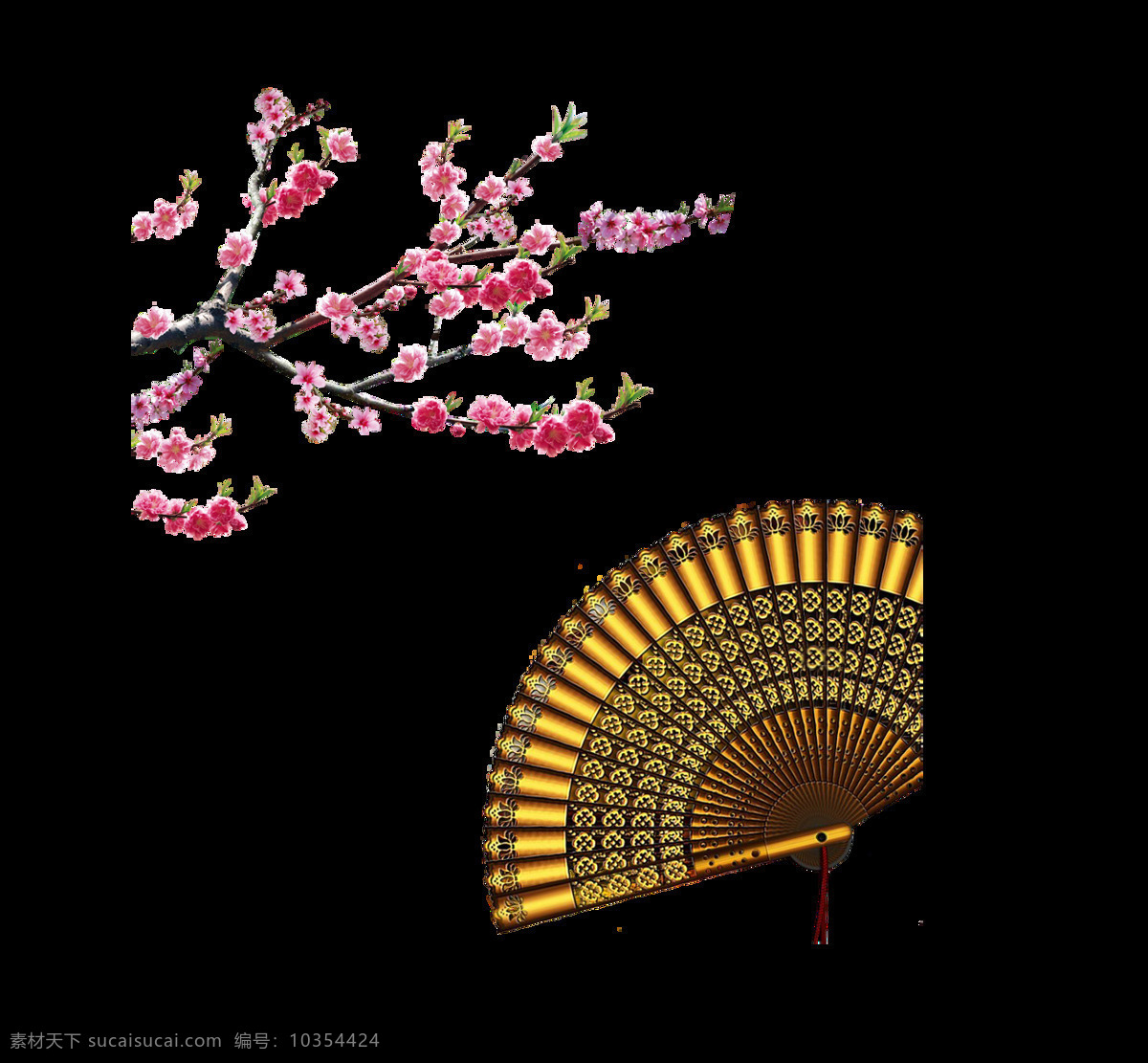 中式 桃花 扇子 插画 元素 png元素 海报 免抠元素 透明元素 中国风