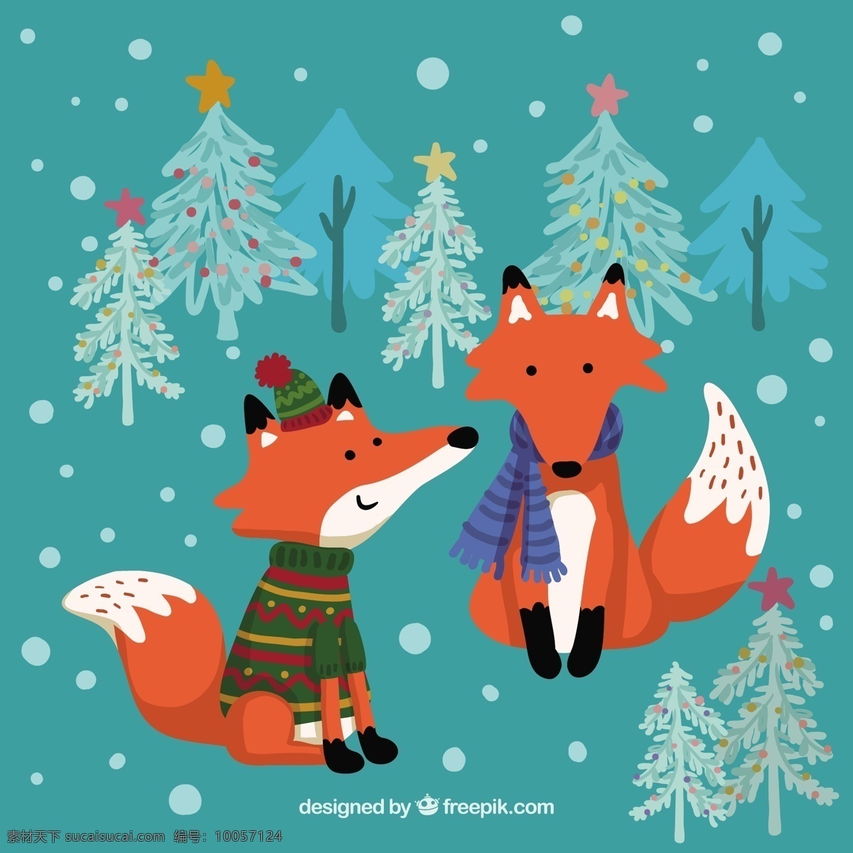 冬天 狐狸的插图 自然 雪 卡通 森林 狐狸 插图 青色 天蓝色
