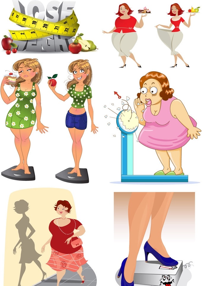 瘦身减肥女人 瘦身 减肥 女人 表情 蔬菜 水果 称体重 比较 手绘 卡通 矢量 妇女女性 矢量人物