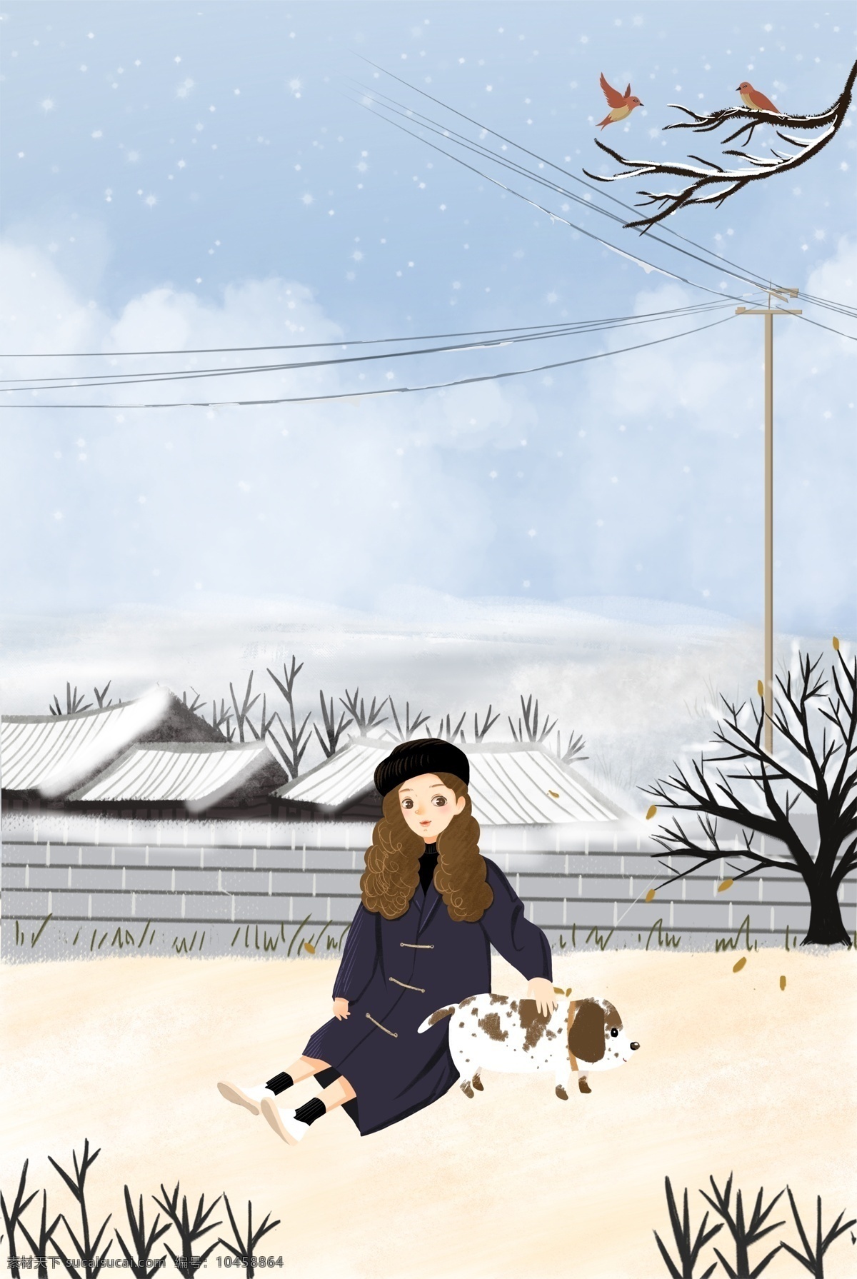 二十四节气 冬至 户外 时尚 女孩 传统节气 服装 动物 雪地 插画风 促销海报