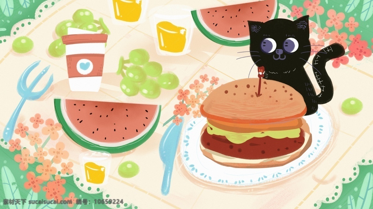 早餐 早安 猫咪 食物 餐桌 野餐 咖啡 面包 水果 牛奶