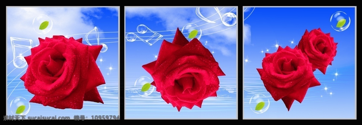 三联画红玫瑰 红色玫瑰 唯美花朵 红玫瑰 鲜花 蓝天 白天 音符 叶子 泡泡 水波 分层 源文件