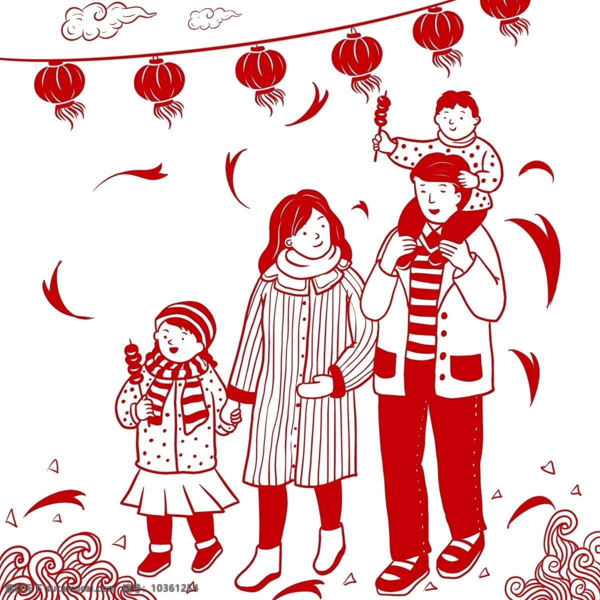 手绘 新年 一家人 剪纸 风 中国风 卡通 一家人爸爸 妈妈 孩子 吉祥 幸福 红色 喜庆 快乐 高兴 节日