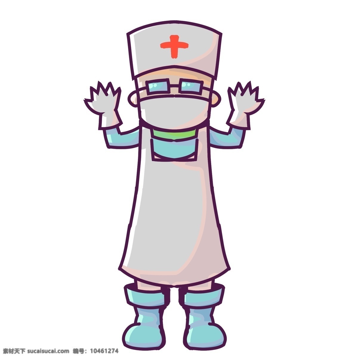 看病 医生 装饰 插画 看病的医生 白色的帽子 黑色的眼睛 白色的手套 白色的白大褂 卡通人物