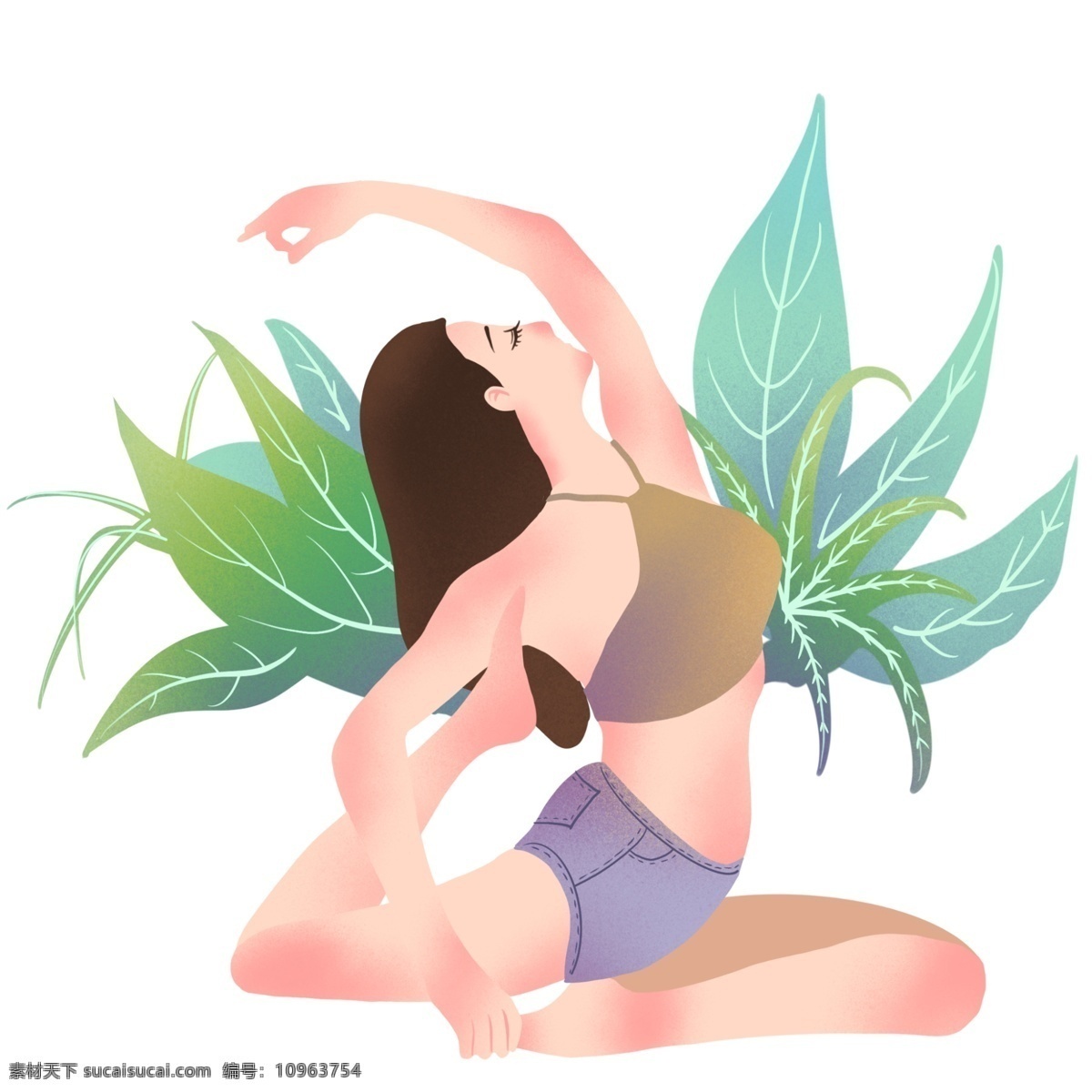 绿叶 装饰 健身 女孩 插画 绿色的叶子 植物装饰 运动的女孩 练瑜伽的女孩 锻炼身体 卡通插画