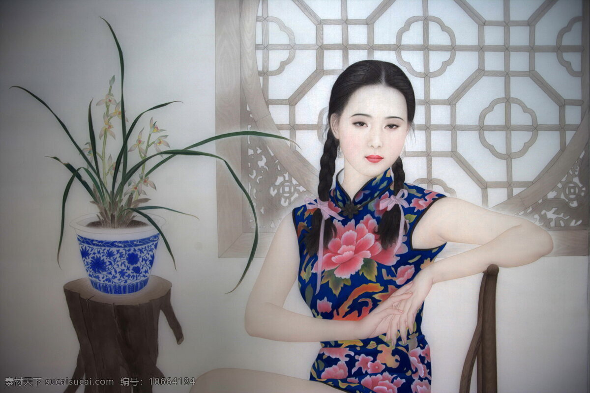 谢 呈祥 工笔画 作品 艺术 绘画 美女 女人 旗袍 兰花 青花瓷 窗户 木窗 绘画书法 文化艺术