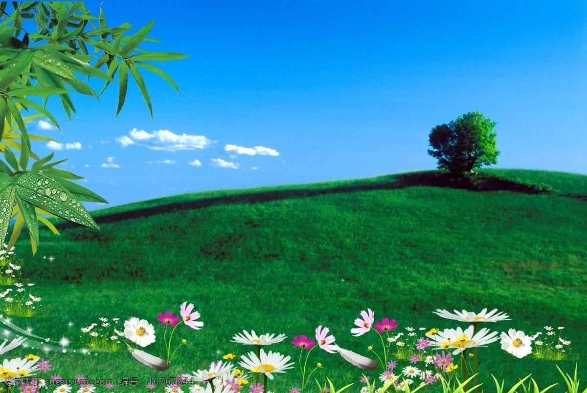 蓝天 草地 树木 广告 背景 花朵 元素